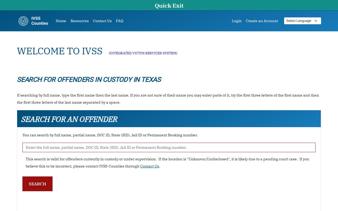 Matagorda County VINELink release check through current Texas IVSS-Counties search