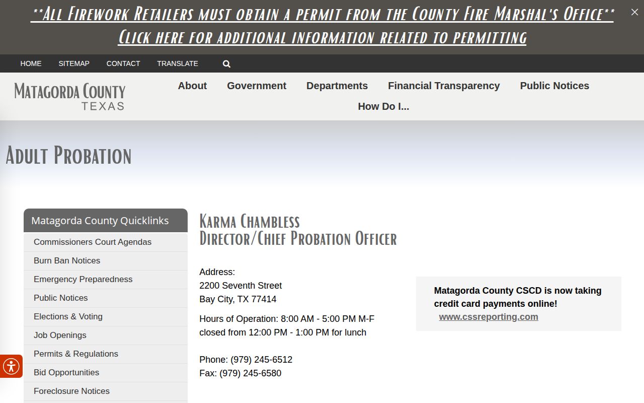 Matagorda County probation units contact and office hours