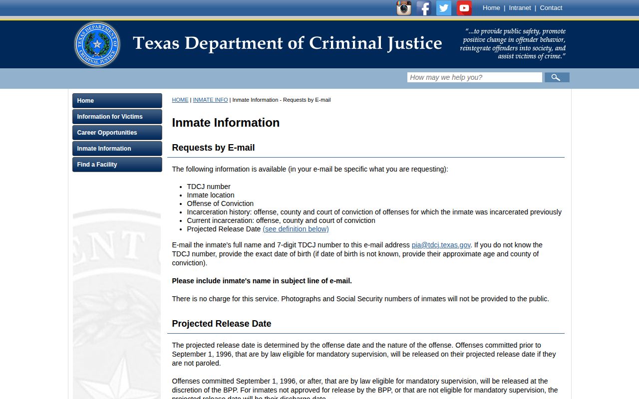 TDCJ definitions for a Matagorda County inmate release date