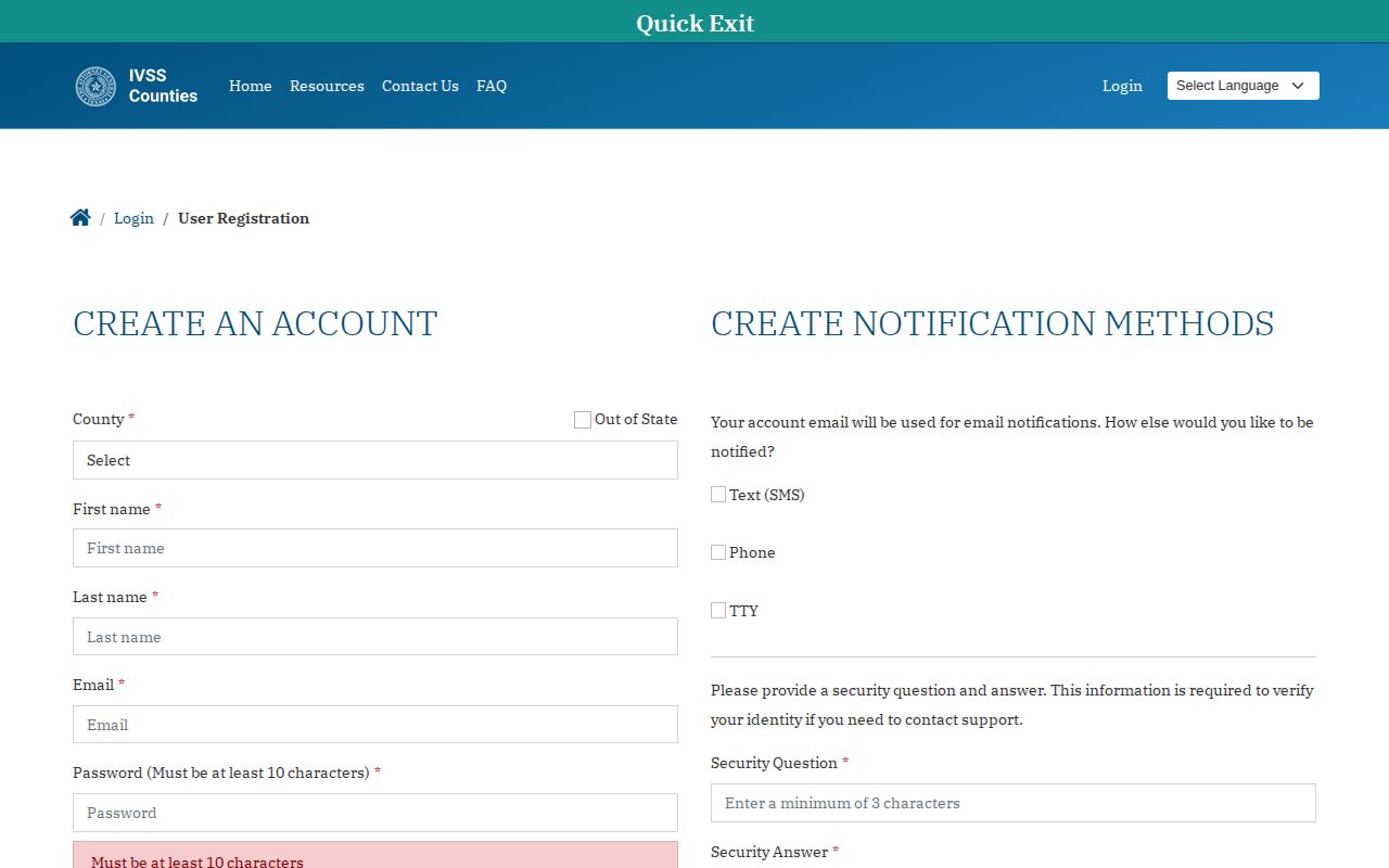 Matagorda County IVSS release notification registration screen