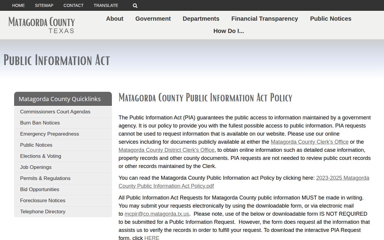 Matagorda County released mugshot and booking photo request page